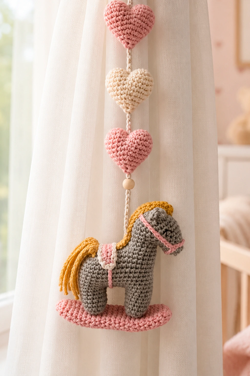 Carrossel de amigurumi decorando prateleira