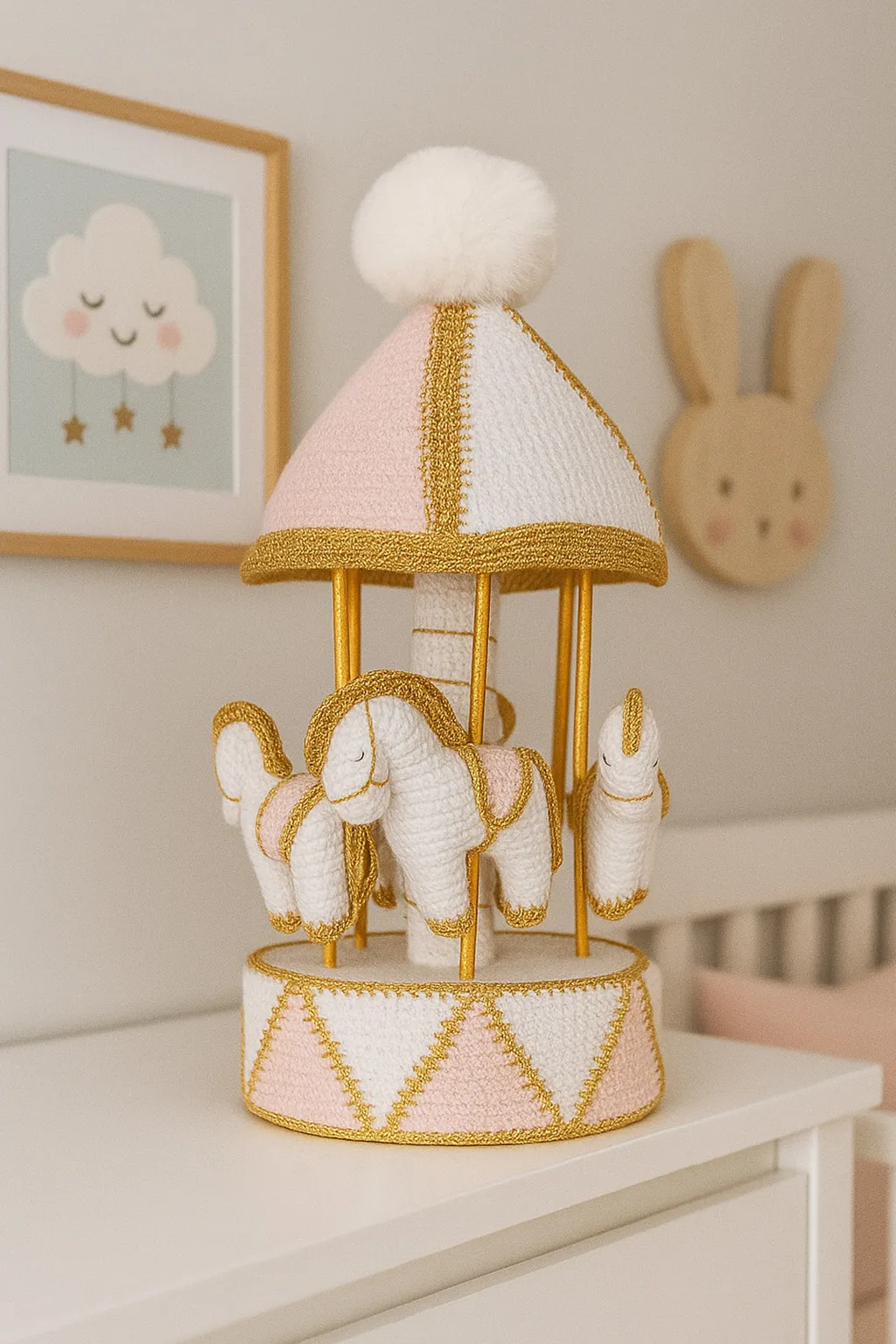 Carrossel de amigurumi amarelo em uma prateleira decorativa