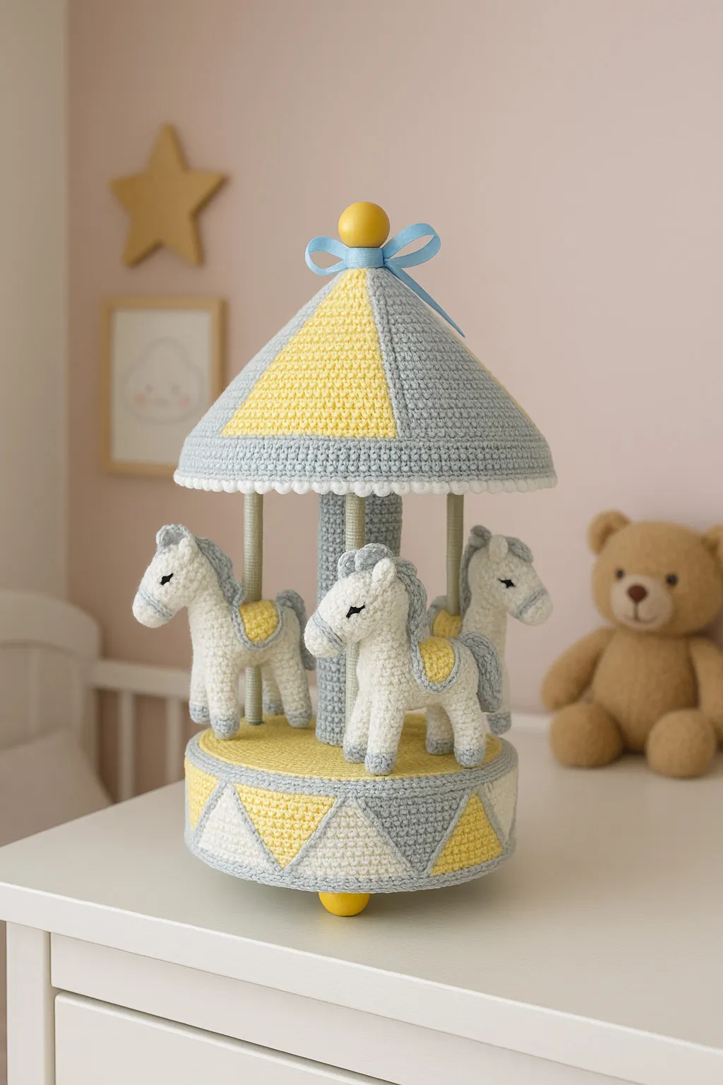 Carrossel de amigurumi rosa decorando um quarto de bebê