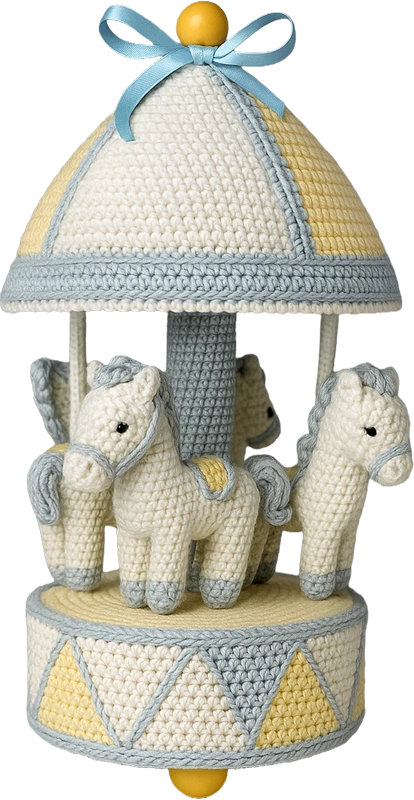 Carrossel musical de amigurumi amarelo e azul