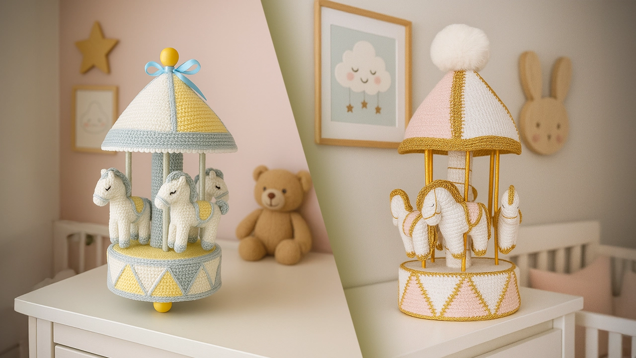 Carrossel em Amigurumi detalhado com cavalos coloridos e estrutura musical.